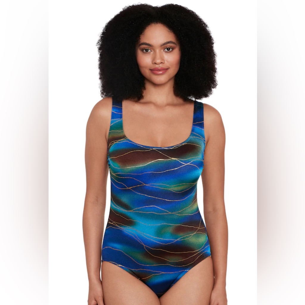 Longitude Double X Back Tank One Piece Swimsuit Marbled Metallic Lines- 14